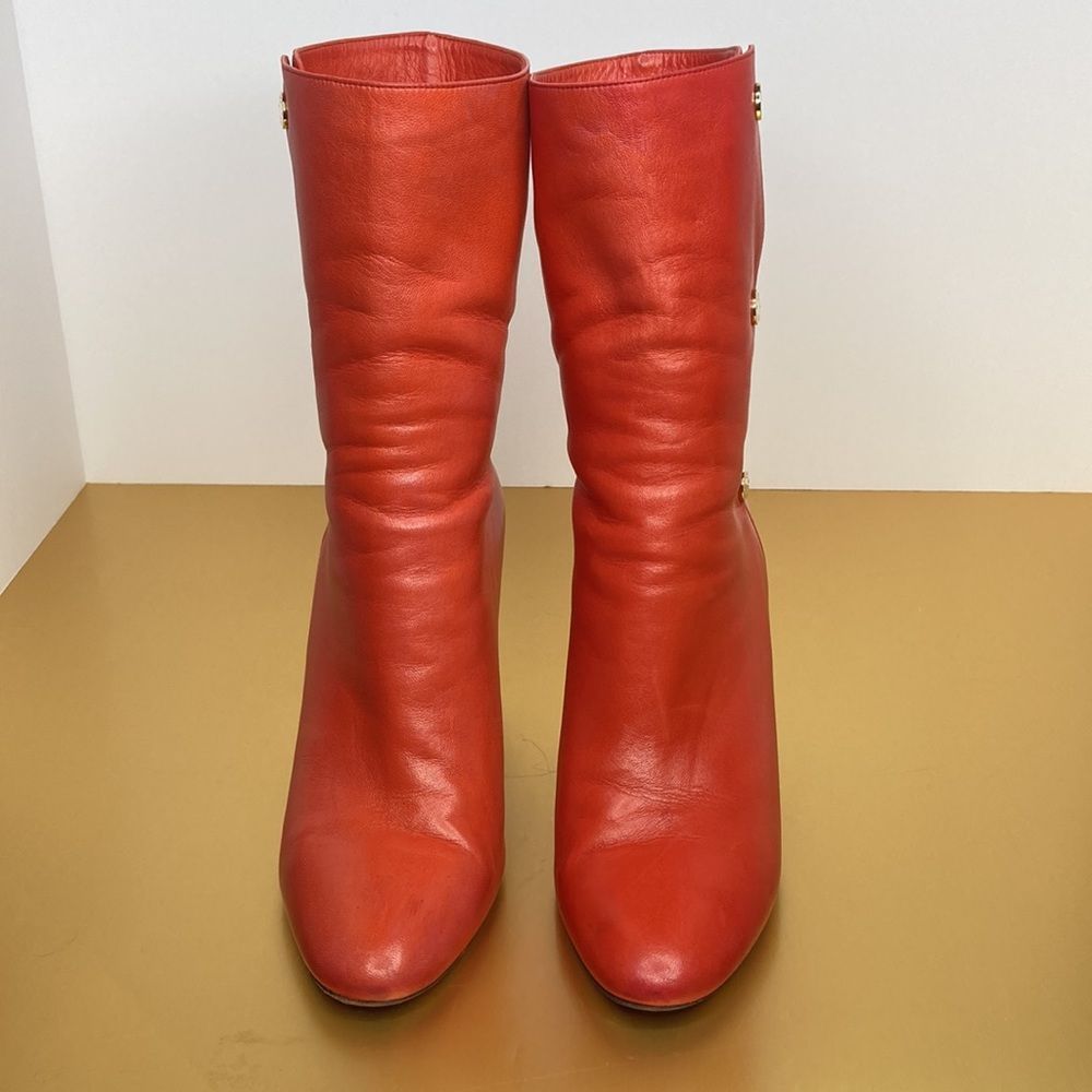 Jimmy Choo Boots Dayno Leather Mid Calf Vibrant Red Gold Button Closure Boots - Picture 2 of 16